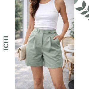 ICHI Sage Green High Rise Shorts Elastic Waist Pleated Size Medium